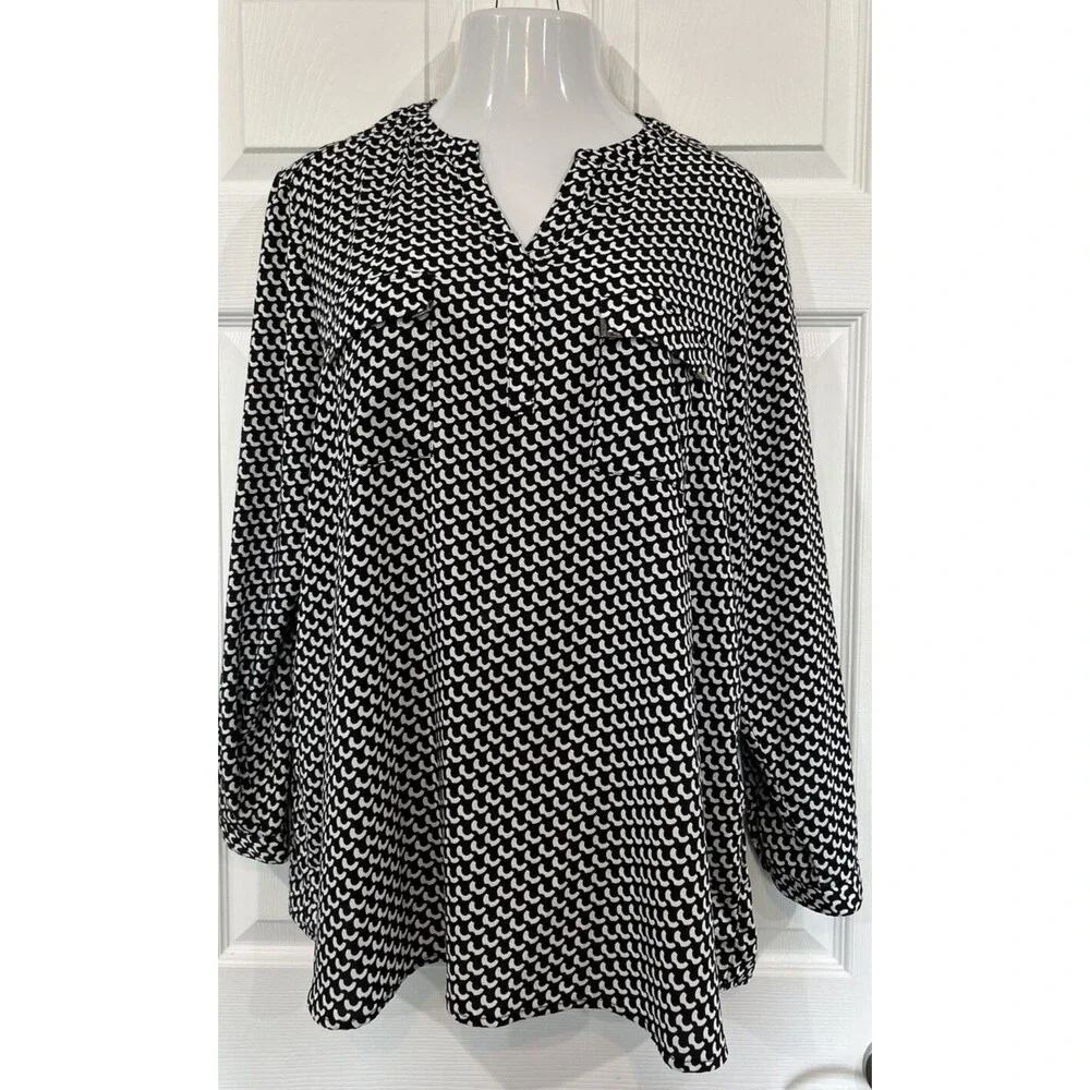 Norm Thompson Black Geometric Print Stretch Career Blouse Tunic Top Plus Size 1X